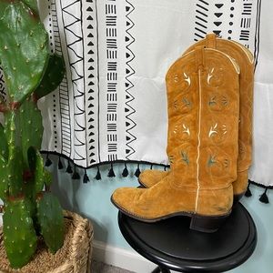Vintage Acme Tulip Cowboy Cowgirl Suede Boots Leather Cutout Size 8